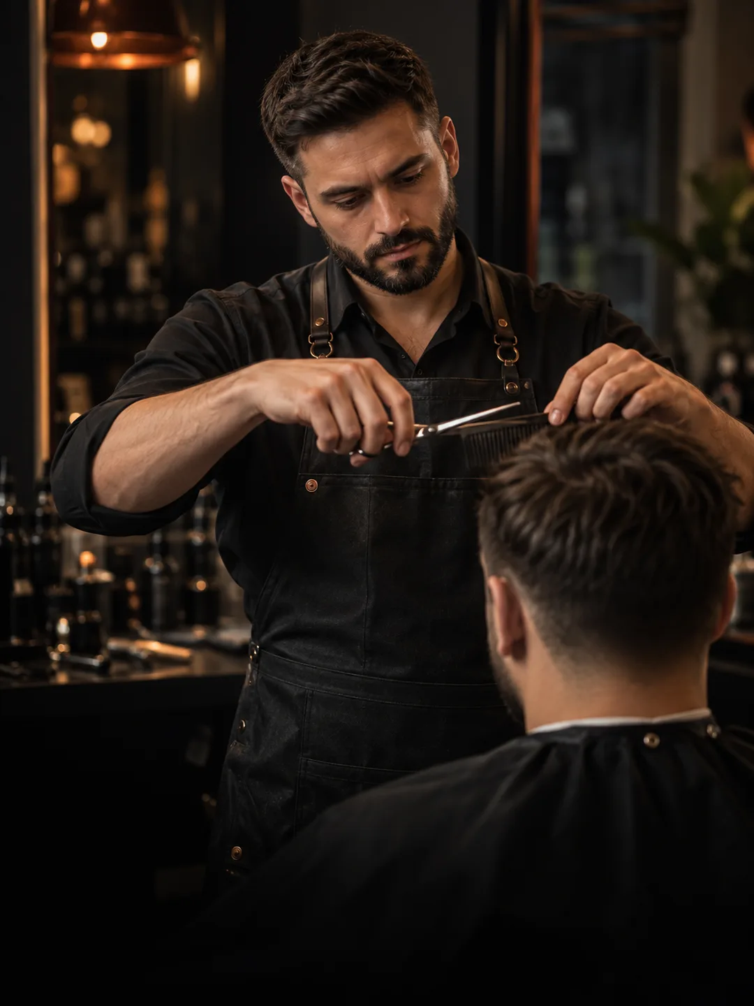 A professional barber carefully cutting a client's hair with scissors and a comb in a warmly lit shop
